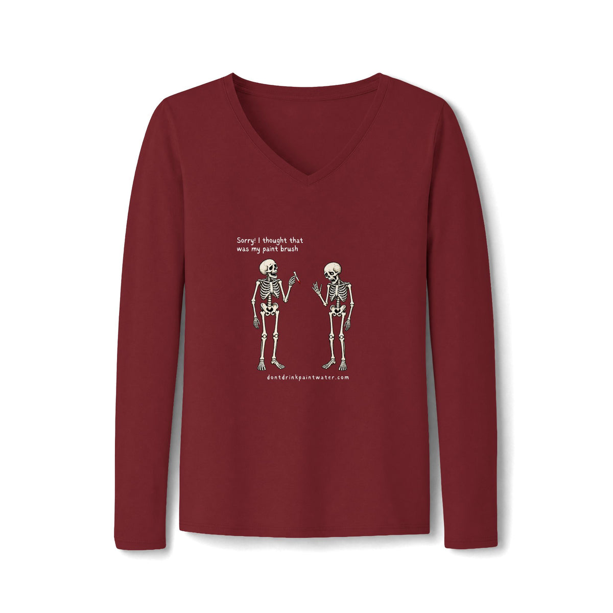 Women's V-Neck Long Sleeve Tee — Vintage Skeleton Conversation Graphic