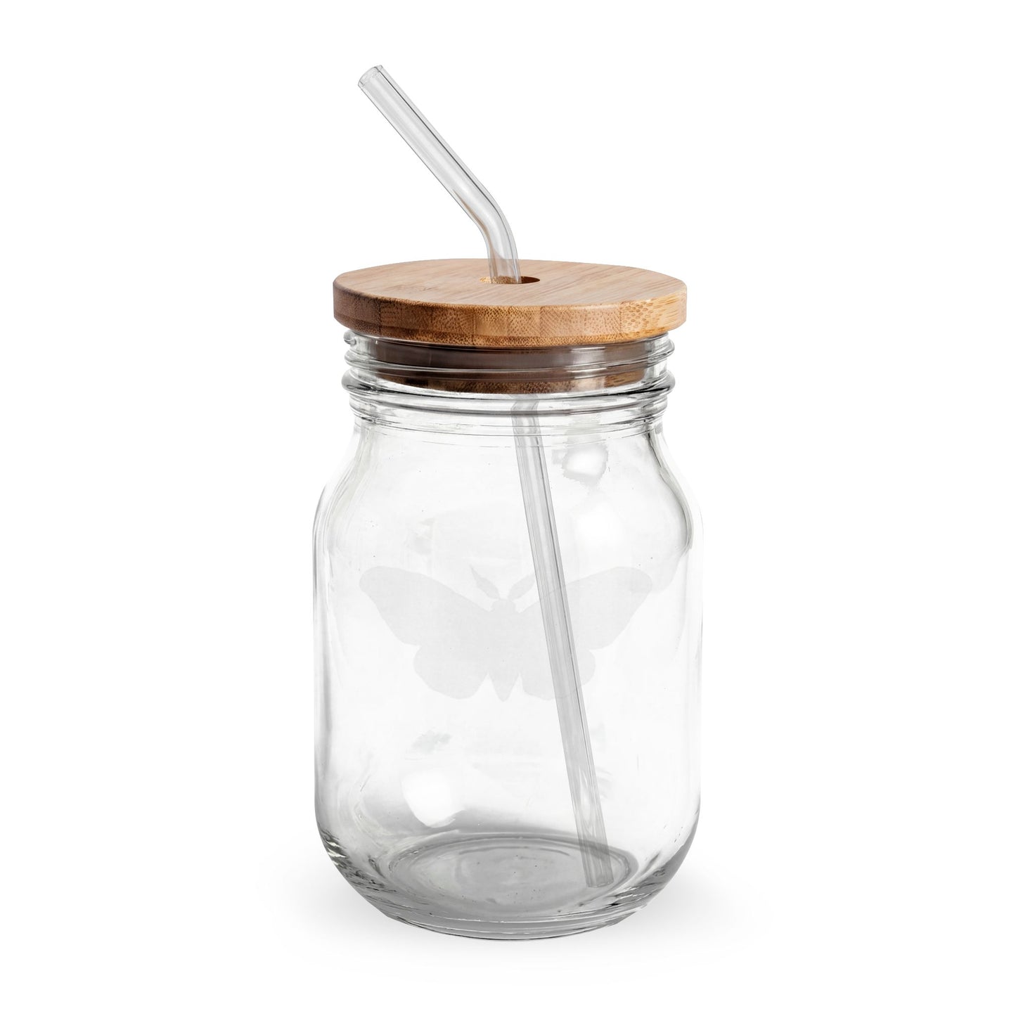 Moth Engraved 16oz Glass Sipper with Bamboo Lid & Straw