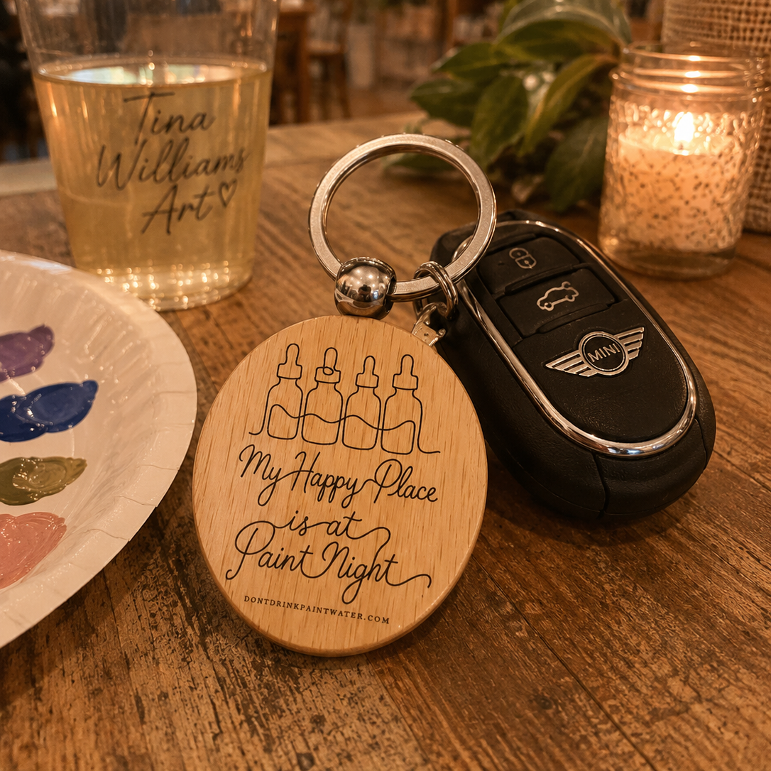 My Happy Place Is at Paint Night — Wooden Keychain