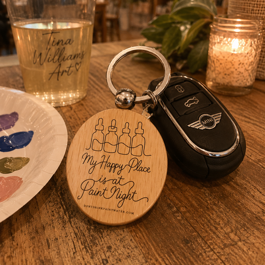 My Happy Place Is at Paint Night — Wooden Keychain