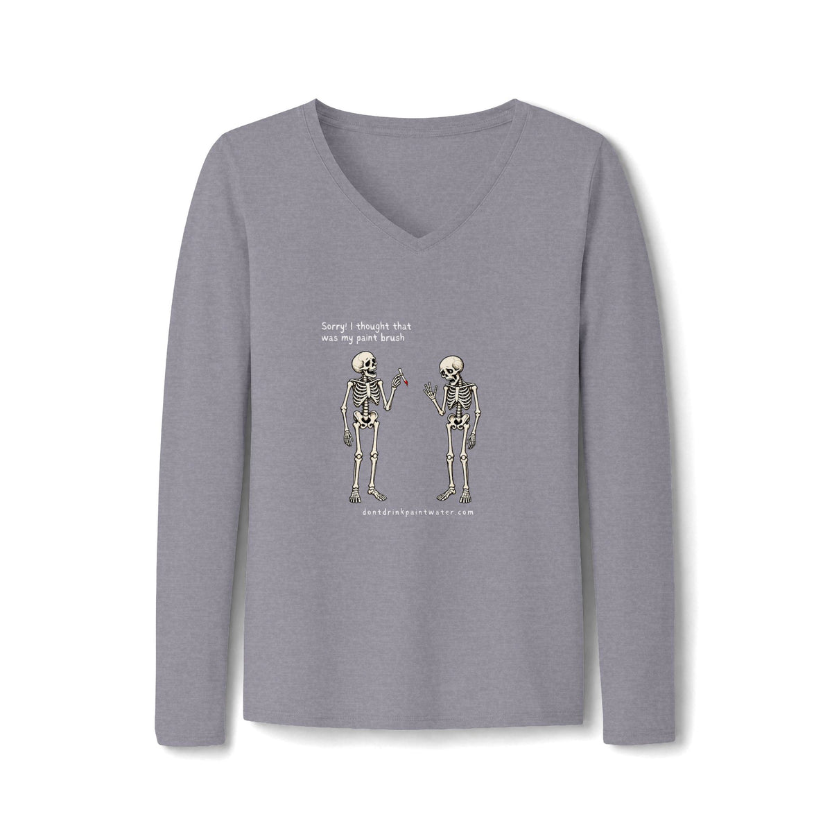 Women's V-Neck Long Sleeve Tee — Vintage Skeleton Conversation Graphic