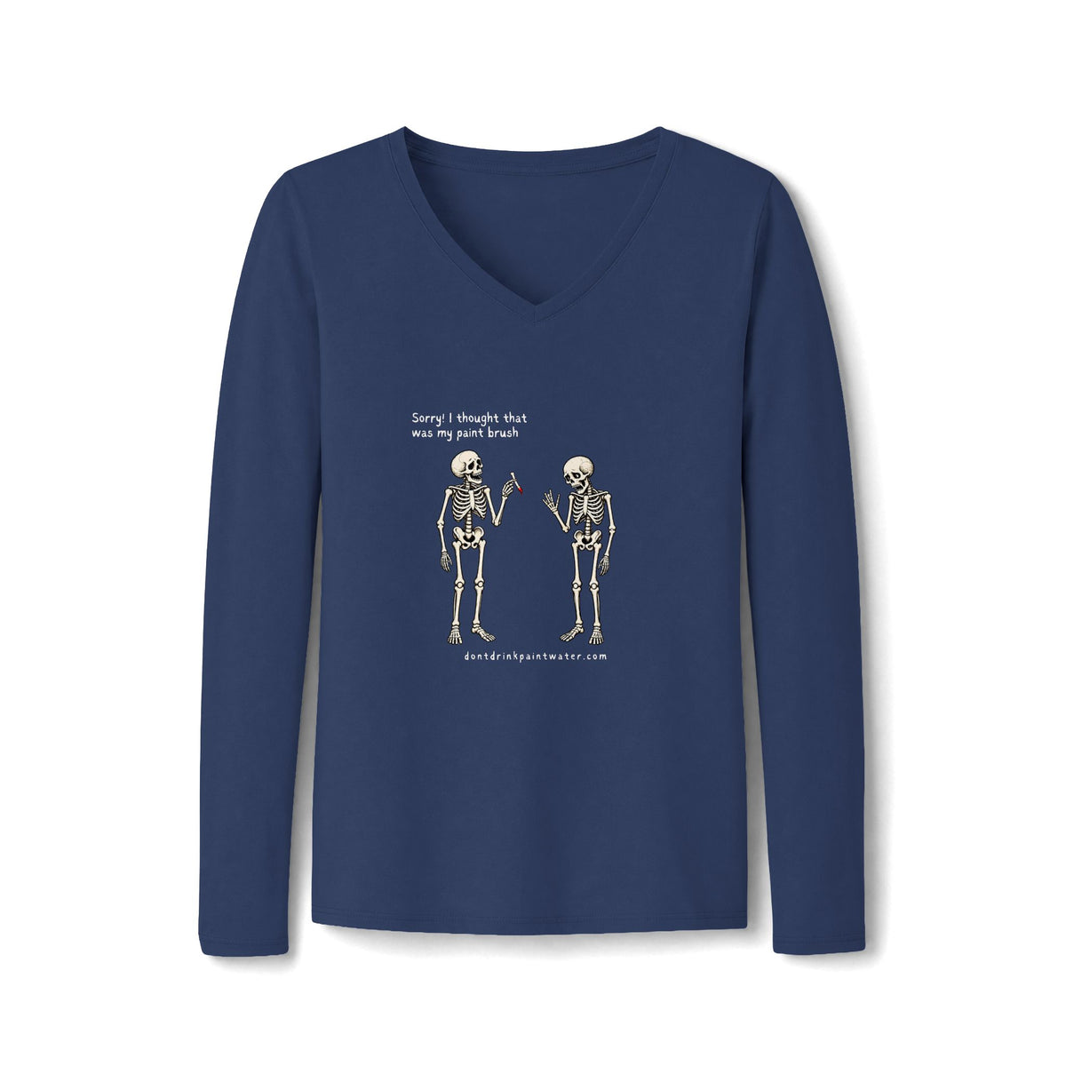 Women's V-Neck Long Sleeve Tee — Vintage Skeleton Conversation Graphic