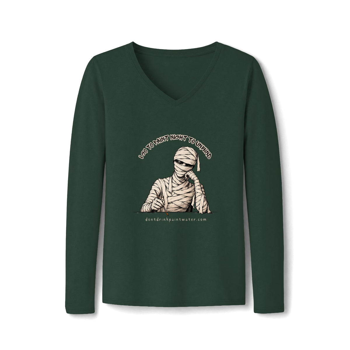 Mummy Graphic V-Neck Tee "I go to paint night to unwind"— Vintage Halloween Long-Sleeve for Women
