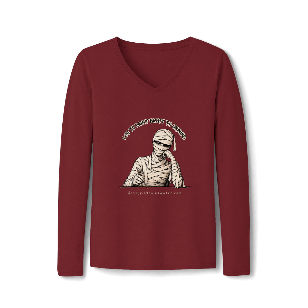 Mummy Graphic V-Neck Tee "I go to paint night to unwind"— Vintage Halloween Long-Sleeve for Women