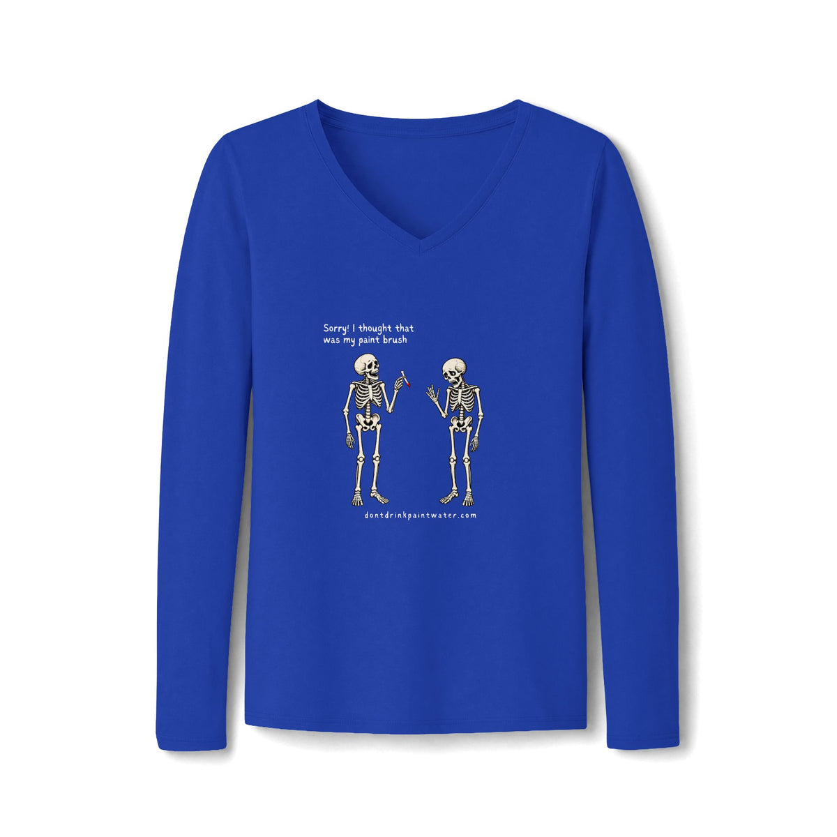 Women's V-Neck Long Sleeve Tee — Vintage Skeleton Conversation Graphic