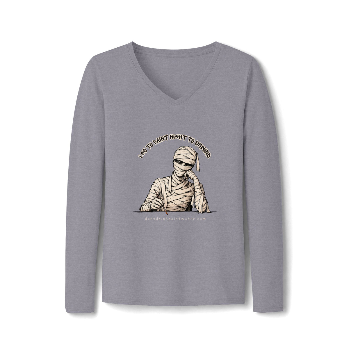 Mummy Graphic V-Neck Tee "I go to paint night to unwind"— Vintage Halloween Long-Sleeve for Women