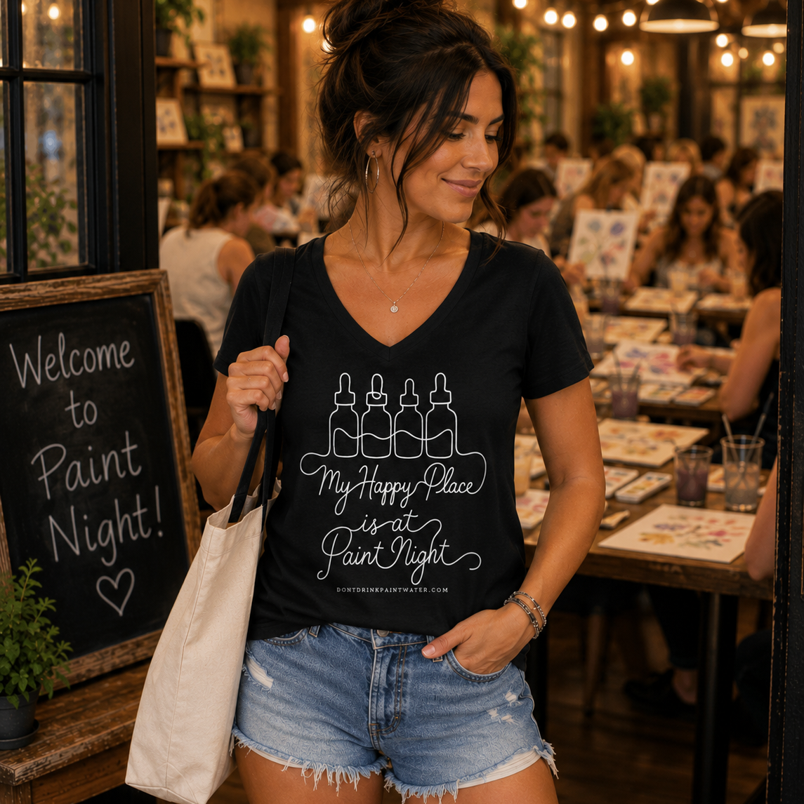 Women's V-Neck 'My Happy Place is a Paint Night' Tee