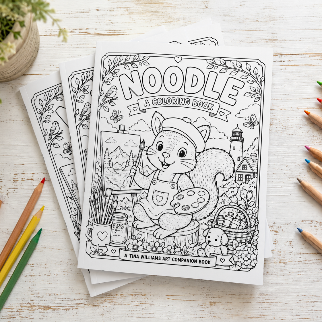 Noodle the Artist Coloring Book — Cute Squirrel Kids or Adult Activity Book