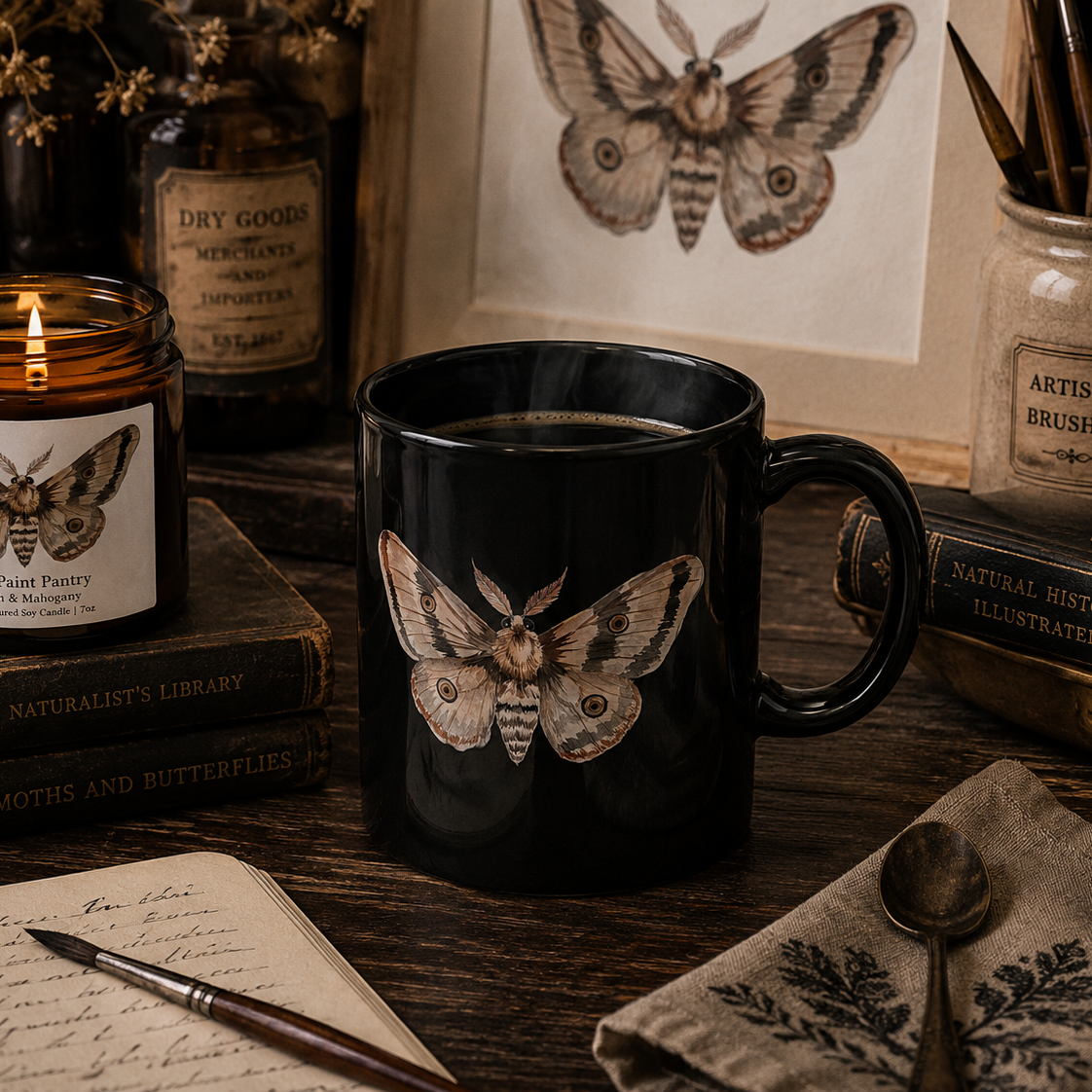 Moth Illustration Black Ceramic Mug — 11oz & 15oz