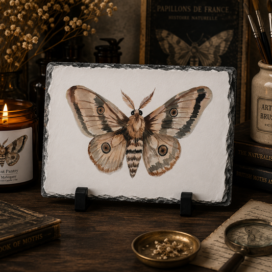 Moth Illustration Slate Plaque — Vintage Neutral Butterfly Desk Decor