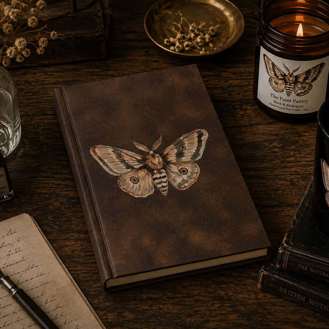 Moth Engraved Vegan Leather Journal — Botanical Boho Notebook