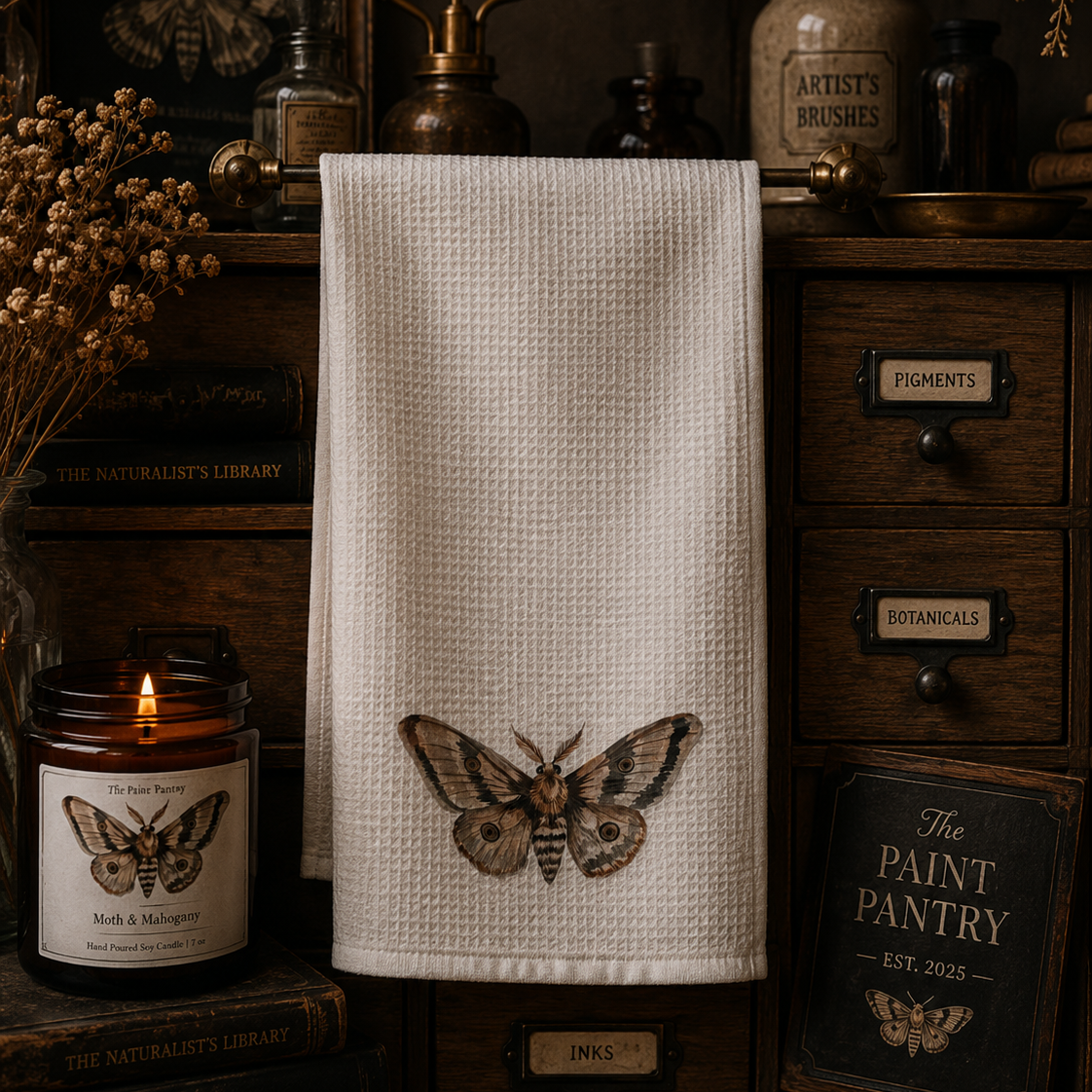 Moth Accent Tea Towel — Botanical Neutral Microfiber Kitchen Towel
