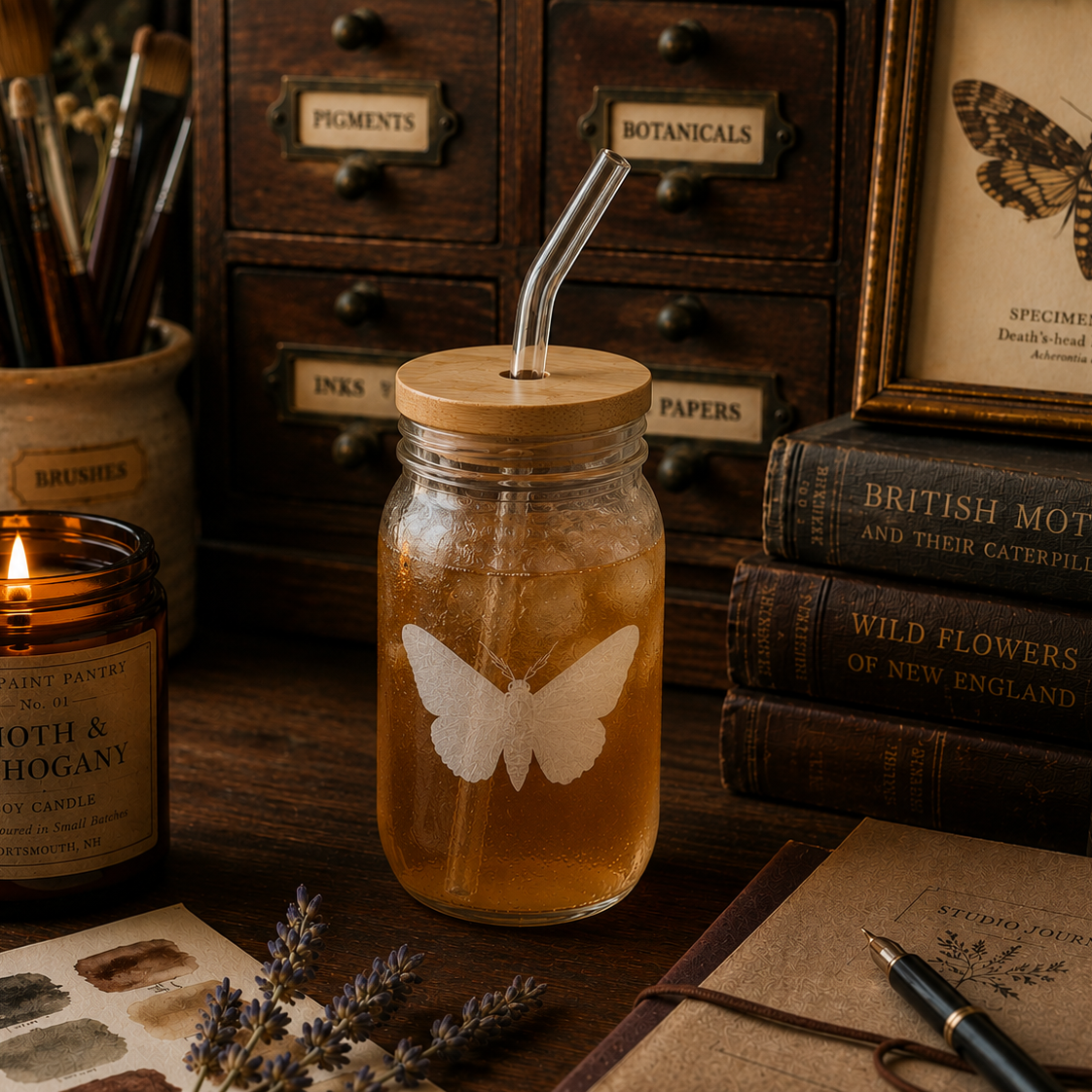 Moth Engraved 16oz Glass Sipper with Bamboo Lid & Straw