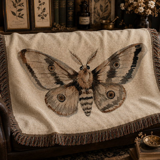 Moth Woven Throw Blanket — Vintage Botanical Tapestry Accent Throw