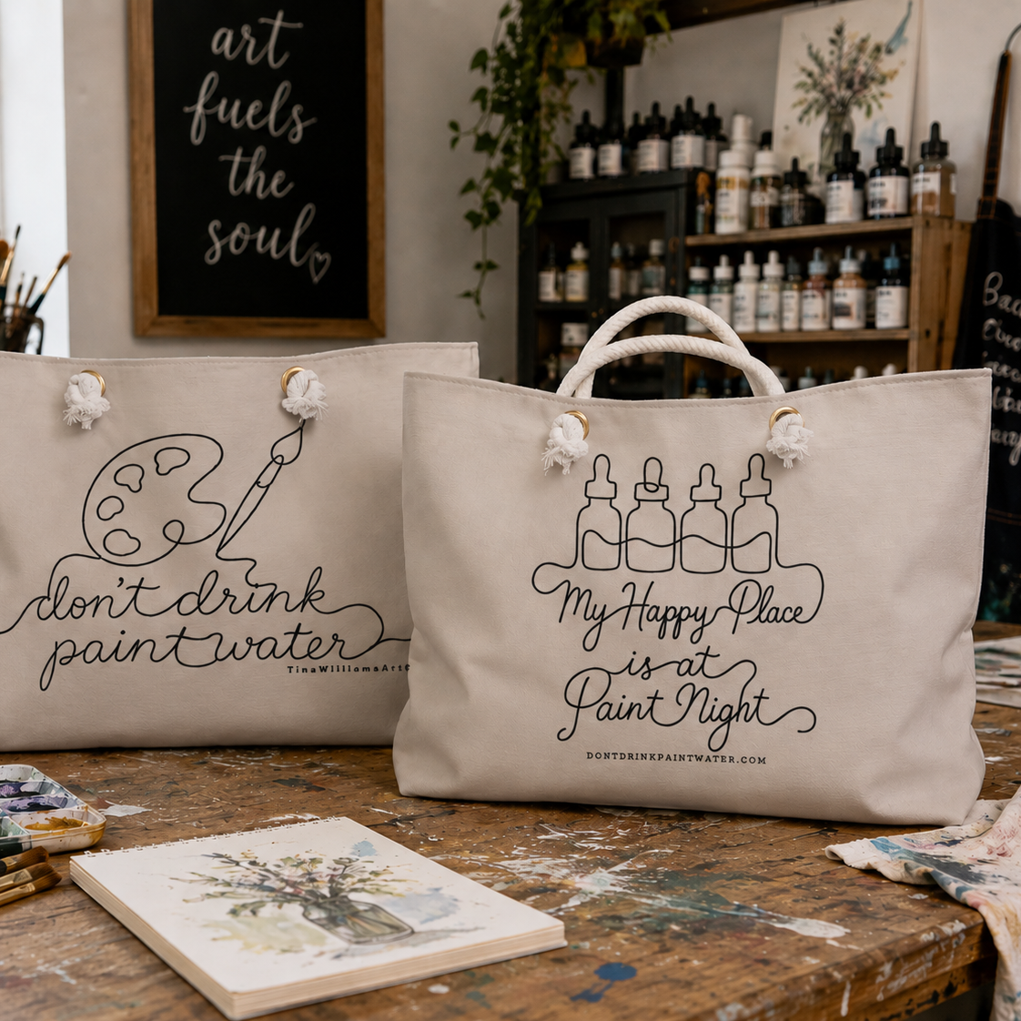 Weekender Bag — 'My Happy Place is at Paint Night' / 'Don't Drink Paint Water' Artist Weekend Tote