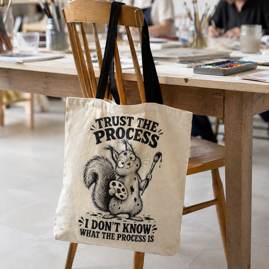 Woven Tote — 'Trust the Process' Squirrel Cross-Stitch Style Tote Bag