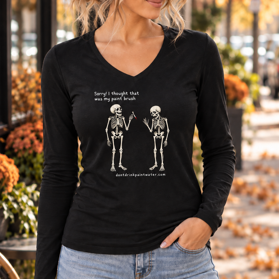 Women's V-Neck Long Sleeve Tee — Vintage Skeleton Conversation Graphic