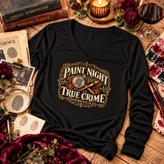 Paint Night & True Crime Long Sleeve V-Neck Tee | The Evidence Table Collection