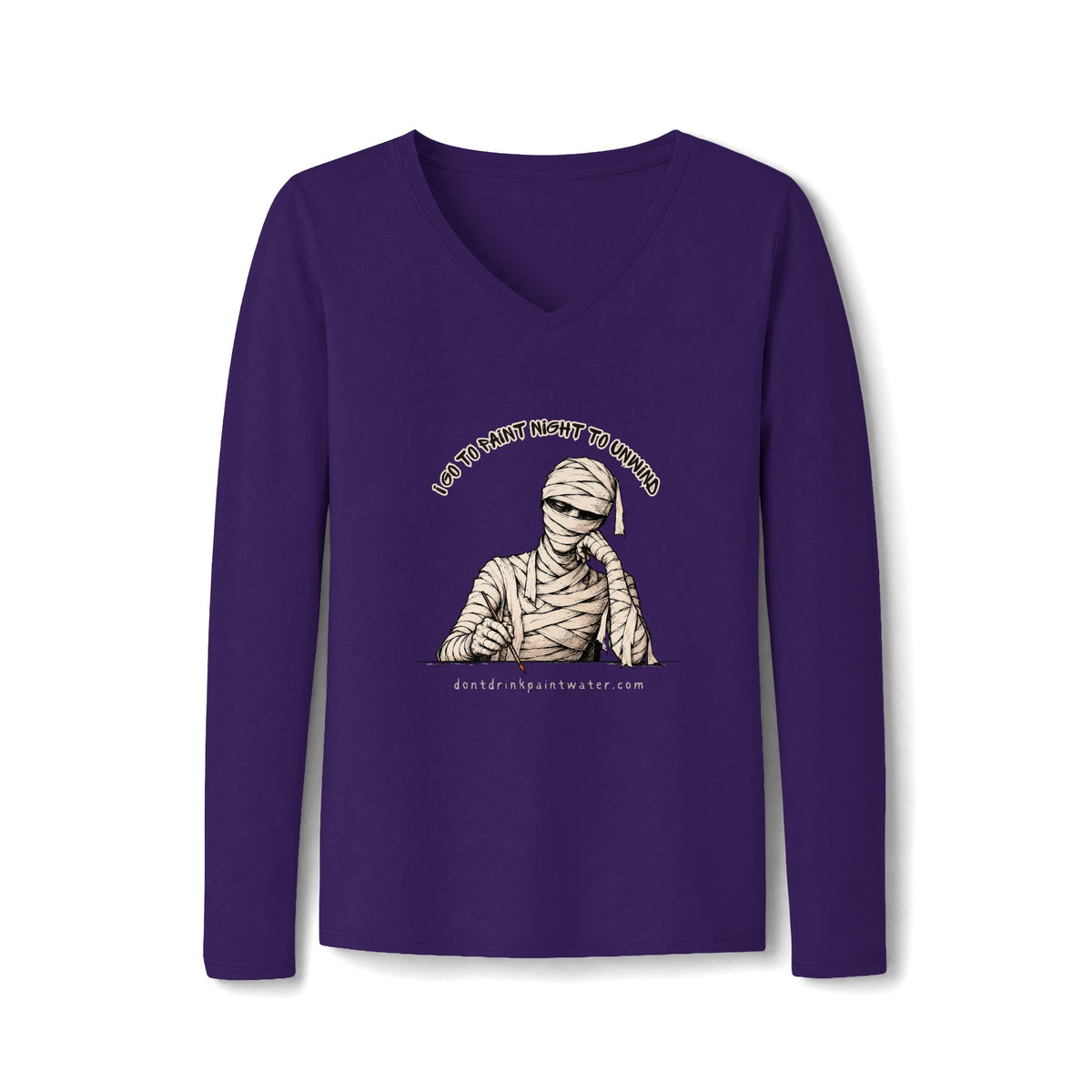 Mummy Graphic V-Neck Tee "I go to paint night to unwind"— Vintage Halloween Long-Sleeve for Women