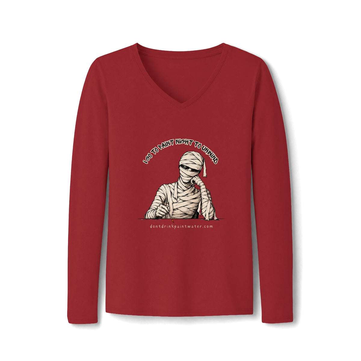 Mummy Graphic V-Neck Tee "I go to paint night to unwind"— Vintage Halloween Long-Sleeve for Women